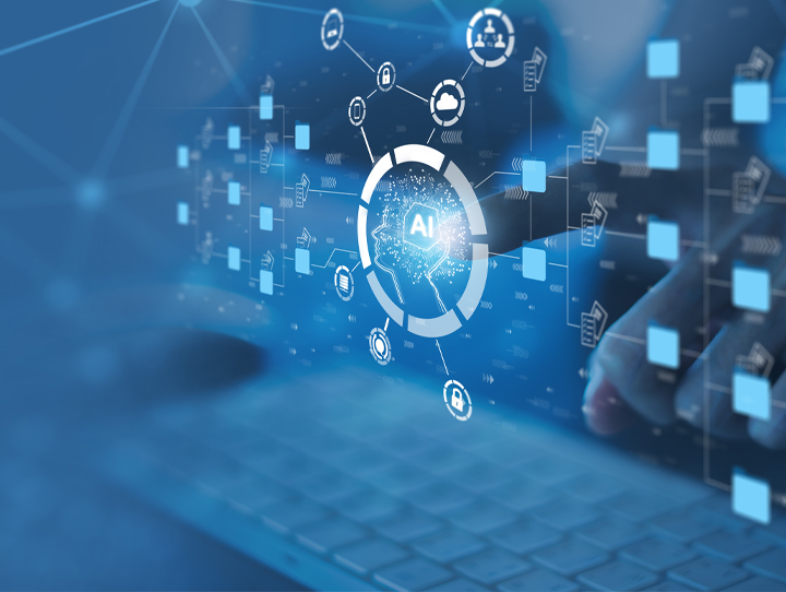 Blue-toned futuristic AI concept: a glowing AI hub with a circular ring and connected data icons in a cyberspace grid over a keyboard surface.