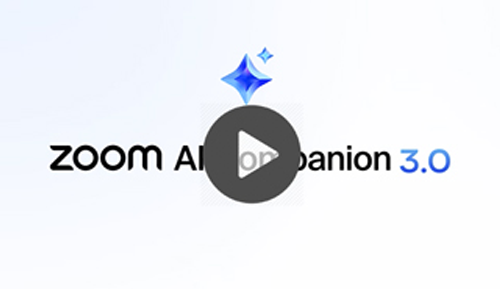 Video thumbnail with the text 'Zoom AI Companion 3.0' and a central play button overlayed, indicating a video to play.