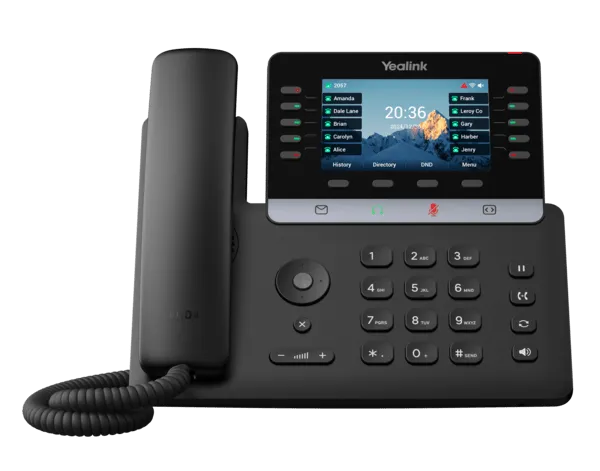 VoIP desk phone with handset on the left and a color display showing Contacts and time, surrounded by a numeric keypad and function keys.