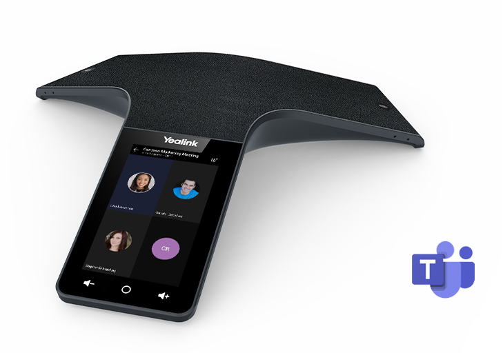Close-up of a Yealink conference device with a curved, raised top over a touchscreen showing a meeting grid; Teams logo at bottom-right.