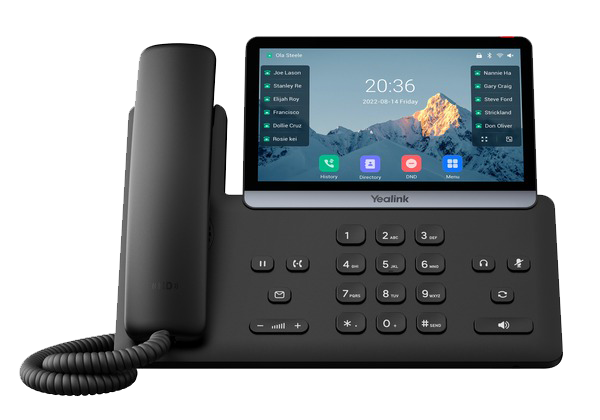 Yealink desk phone with a large touchscreen display and numeric keypad on a dark base.