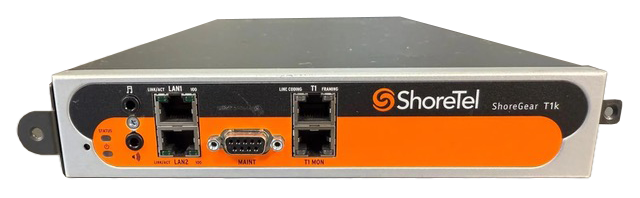 ShoreTel ShoreGear T1k network appliance with orange front panel and multiple Ethernet ports on the front panel (informational device).