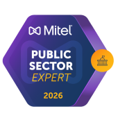 Mitel Public Sector Expert 2026 badge with a purple gradient hexagon and an orange circle featuring a government building icon.